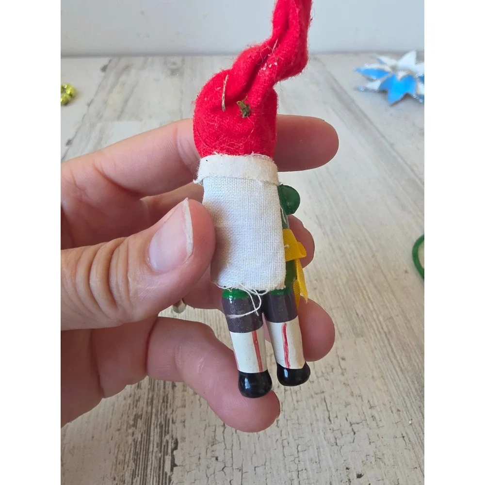 Vintage wooden Pinocchio ornament Xmas tree green red
